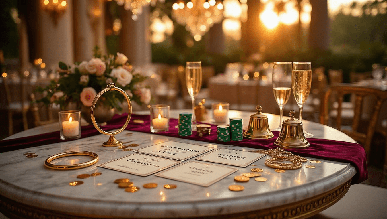 A luxurious engagement party game setup featuring gold ring toss hoops, vintage trivia cards, emerald green casino chips, and champagne flutes on a marble table, illuminated by warm golden hour light, surrounded by romantic decor.