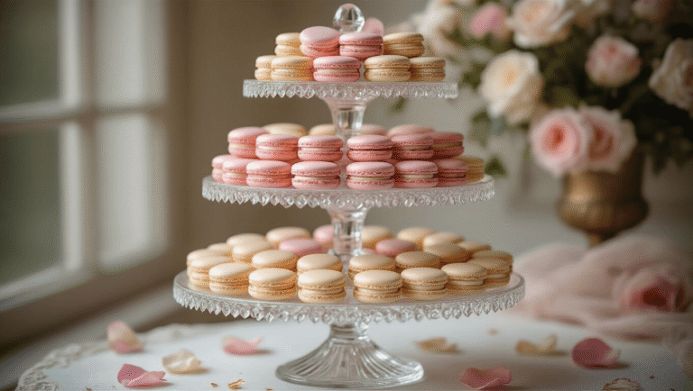 A luxurious tiered crystal display stand elegantly arranged with French macarons in an ombré pattern, surrounded by rose petals and accented with edible gold dust, set on an antique baroque-style table.