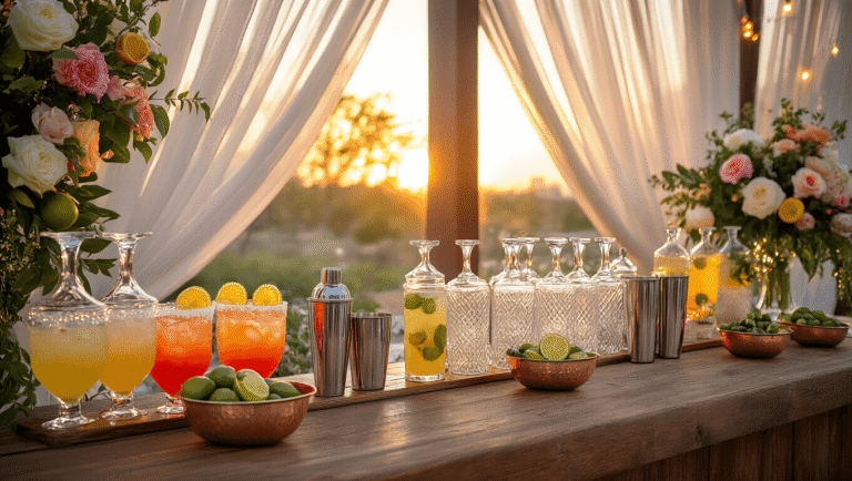 Elegant wedding margarita bar setup with rustic wooden bar, vibrant mixers, salt-rimmed glasses, fresh garnishes, and warm string lights creating a magical atmosphere.