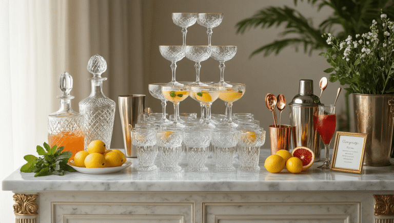Elegant wedding cocktail station featuring a marble countertop adorned with crystal glassware, antique brass accents, fresh citrus, and edible flower ice cubes, all illuminated by soft natural light.