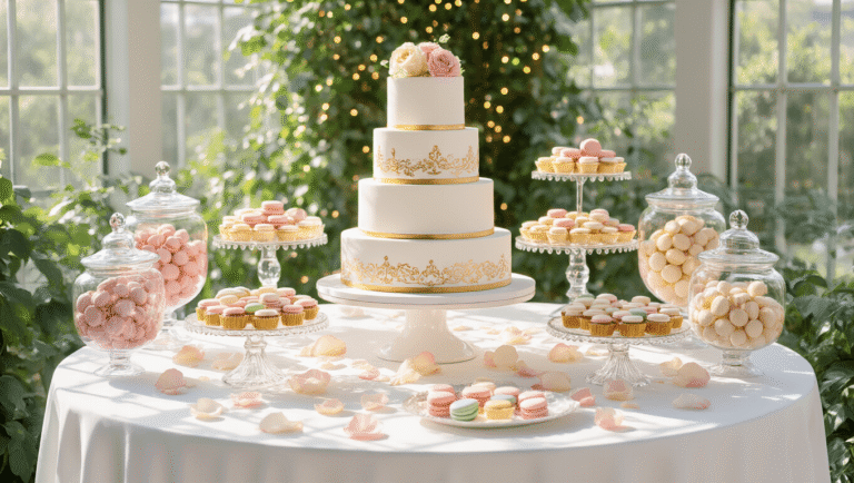Photorealistic wedding dessert table setup with a three-tiered white cake, pastel macarons, and artisanal candies, accented by gold details and surrounded by rose petals and eucalyptus, under soft sunlight.