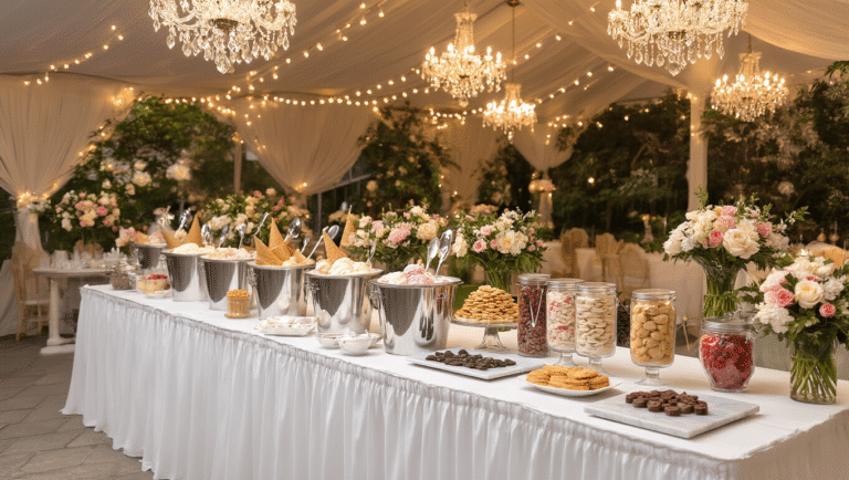 Elegant wedding ice cream bar setup featuring a white-draped table with polished silver ice buckets, colorful toppings in mason jars, vintage glass cake stands with waffle cones, and fresh flowers, illuminated by warm string lights and chandeliers, in soft bokeh, golden hour lighting.