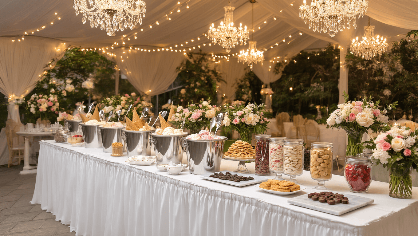 Elegant wedding ice cream bar setup featuring a white-draped table with polished silver ice buckets, colorful toppings in mason jars, vintage glass cake stands with waffle cones, and fresh flowers, illuminated by warm string lights and chandeliers, in soft bokeh, golden hour lighting.