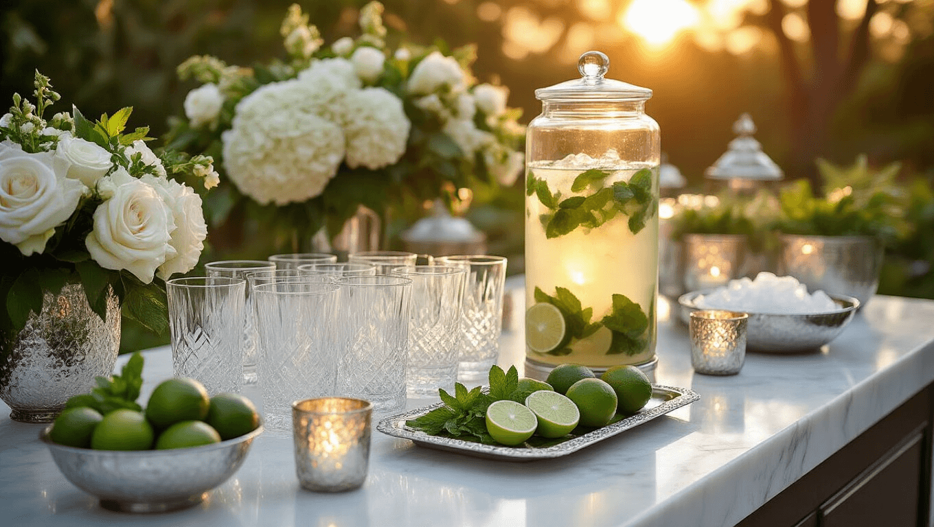 A luxurious wedding cocktail station featuring elegant Collins glasses, a glass drink dispenser of mojito mix, fresh mint and lime, and ambient lighting, all set against a marble bar and soft golden hour backdrop.