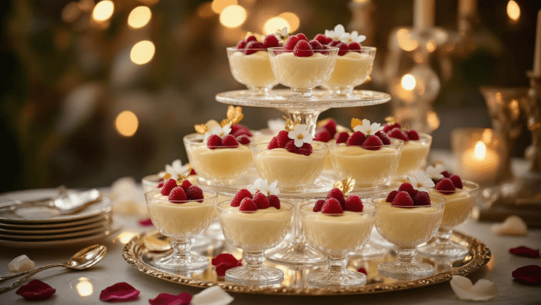 Luxurious wedding dessert display featuring ivory vanilla custard pudding in crystal cups, topped with fresh red berries, gold leaf, and white flowers, set on a mirrored surface with romantic chandelier lighting and rose petals.
