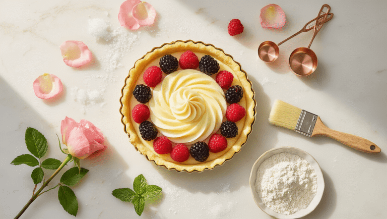 Cinematic overhead shot of a marble countertop featuring a golden-edged tart pan filled with vanilla pastry cream and elegantly arranged fresh berries, surrounded by baking tools and decorative elements.