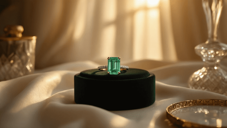 Cinematic close-up of an emerald cut engagement ring on black velvet, featuring brass accents and soft golden hour lighting with luxurious textures and vintage props.