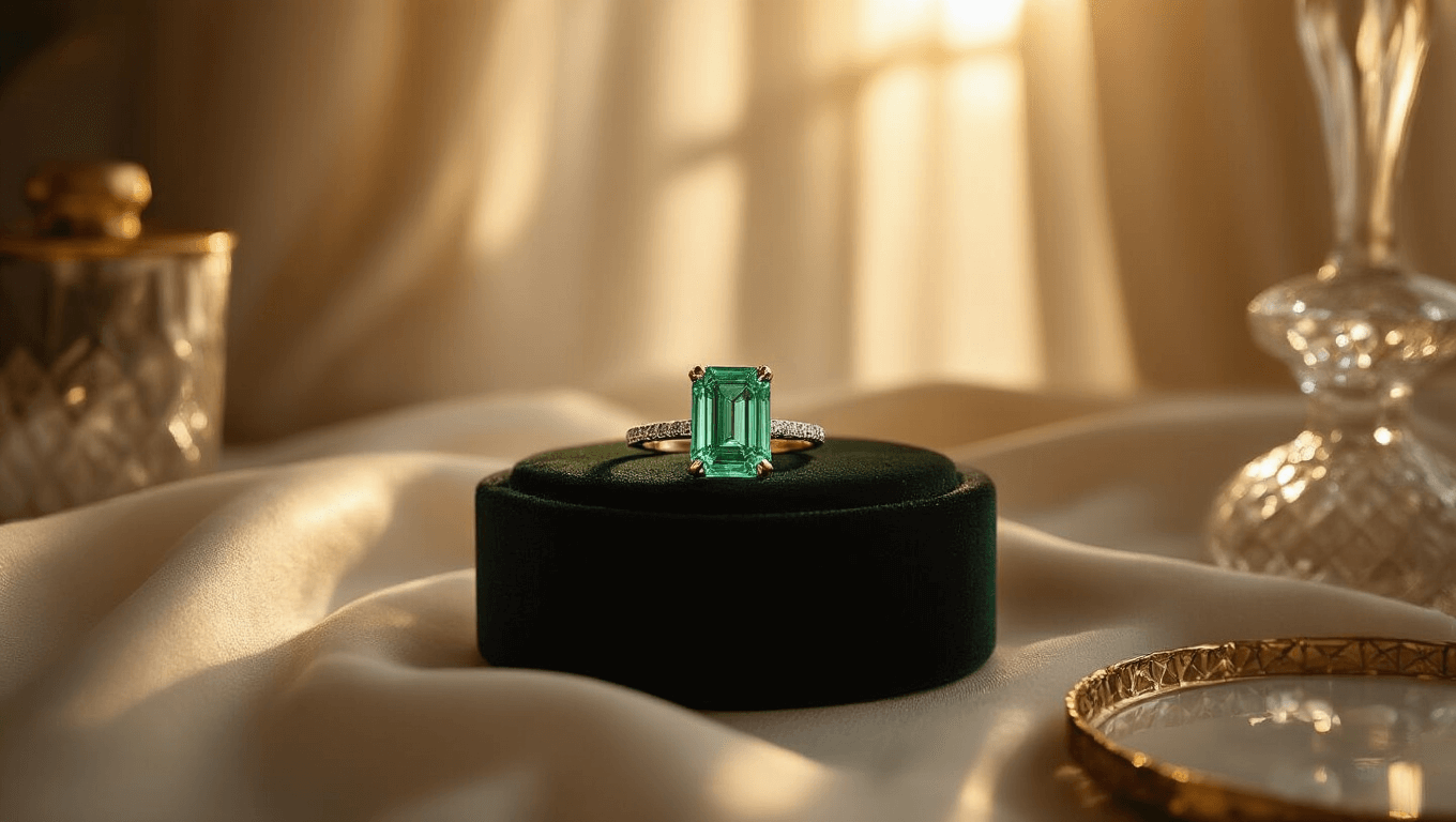 Cinematic close-up of an emerald cut engagement ring on black velvet, featuring brass accents and soft golden hour lighting with luxurious textures and vintage props.
