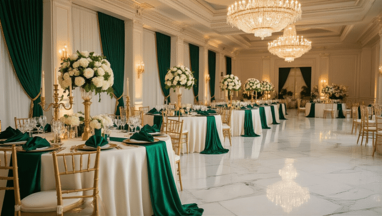 A luxurious emerald green wedding ballroom with gold accents, featuring crystal chandeliers, marble floors, and elegant table settings with velvet napkins and fresh roses, bathed in warm golden hour light.