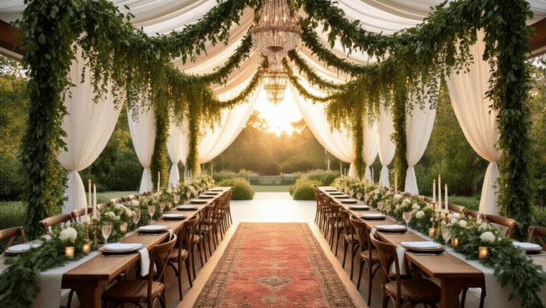 A romantic indoor-outdoor wedding venue adorned with cascading greenery garlands, white garden roses, and warm twinkle lights, featuring long wooden tables and a floral arch, captured at golden hour in soft bokeh.