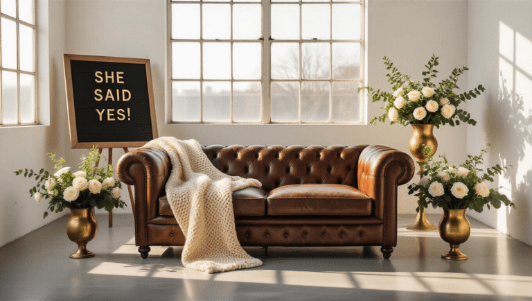 Bright photography studio featuring a vintage leather Chesterfield sofa, cream chunky knit throw, 'She Said Yes!' letter board, and lush white roses with eucalyptus in brass vases, illuminated by golden hour sunlight through industrial windows.
