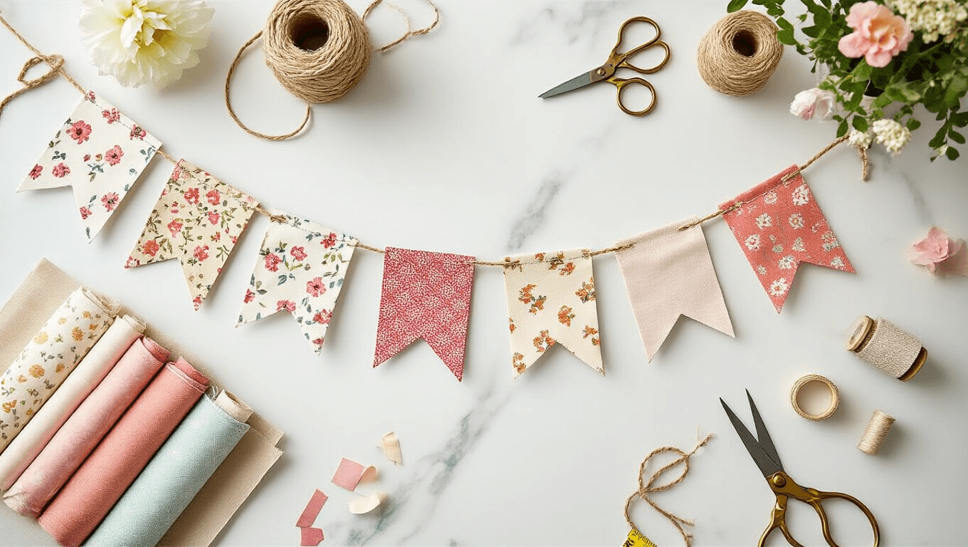 A bright crafting workspace with a marble tabletop, featuring an in-progress fabric garland made from various patterned strips, vintage-style pinking shears, natural jute twine, and scattered materials, all captured in soft lighting with a shallow depth of field.