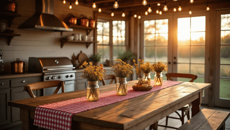Cinematic wide-angle shot of a rustic farmhouse kitchen set for an engagement party, featuring a reclaimed wood dining table with mason jar flower centerpieces, gingham tablecloths, and string lights, all bathed in golden hour light.