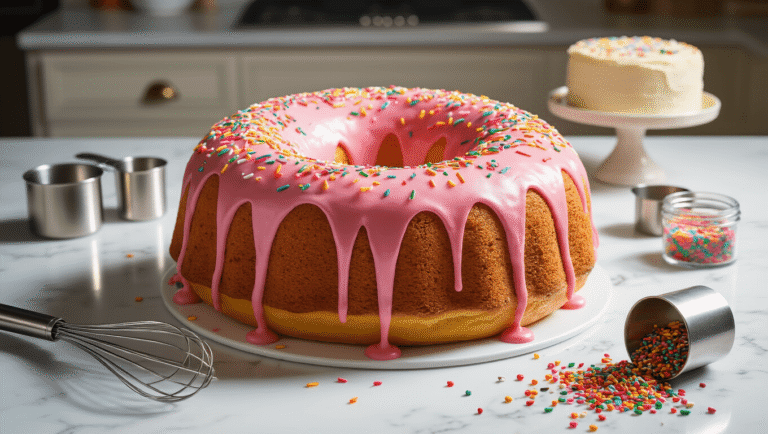A giant donut cake with pink glaze and rainbow sprinkles on a marble countertop, surrounded by baking tools and mini donuts, illuminated by warm morning light.