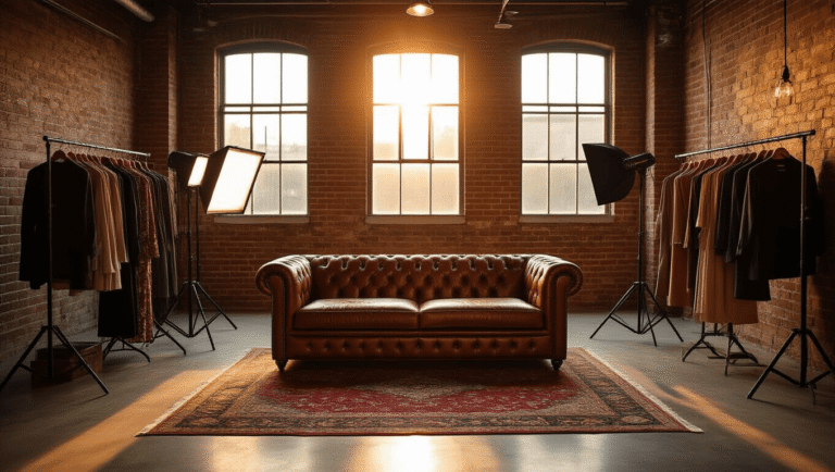 Cinematic engagement photography studio with vintage Chesterfield sofa, exposed brick walls, and warm golden hour lighting, featuring styled outfits, props, and soft bokeh.