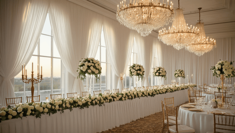 A luxurious ballroom reception featuring a grand head table with a white rose and eucalyptus garland, crystal chandeliers, elegant guest tables with candelabras, and sheer ivory drapery, all illuminated by warm golden hour light.