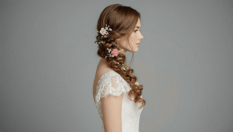 Bridal hairstyle featuring a half-up, half-down design adorned with curls, secured with bobby pins and floral accessories, displayed on a clean background.