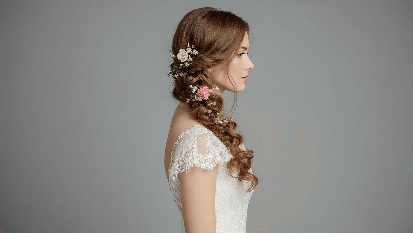 Bridal hairstyle featuring a half-up, half-down design adorned with curls, secured with bobby pins and floral accessories, displayed on a clean background.