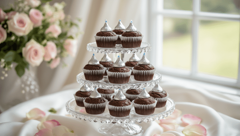 Elegant chocolate brownie bites with Hershey's Kisses arranged on a crystal three-tiered stand, featuring lace-patterned liners and dusted with powdered sugar, set against a white silk tablecloth adorned with pale pink rose petals.