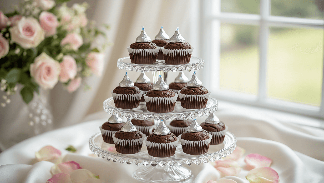 Elegant chocolate brownie bites with Hershey's Kisses arranged on a crystal three-tiered stand, featuring lace-patterned liners and dusted with powdered sugar, set against a white silk tablecloth adorned with pale pink rose petals.