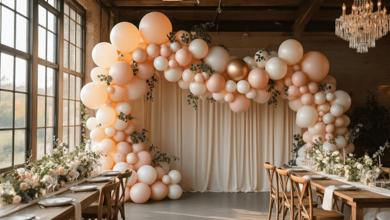 Hyperrealistic event photo of an ethereal balloon garland in blush pink, champagne, and pearl white hues, featuring cascading organic design with eucalyptus and roses, illuminated by golden hour light through large windows, with elegant harvest tables below.