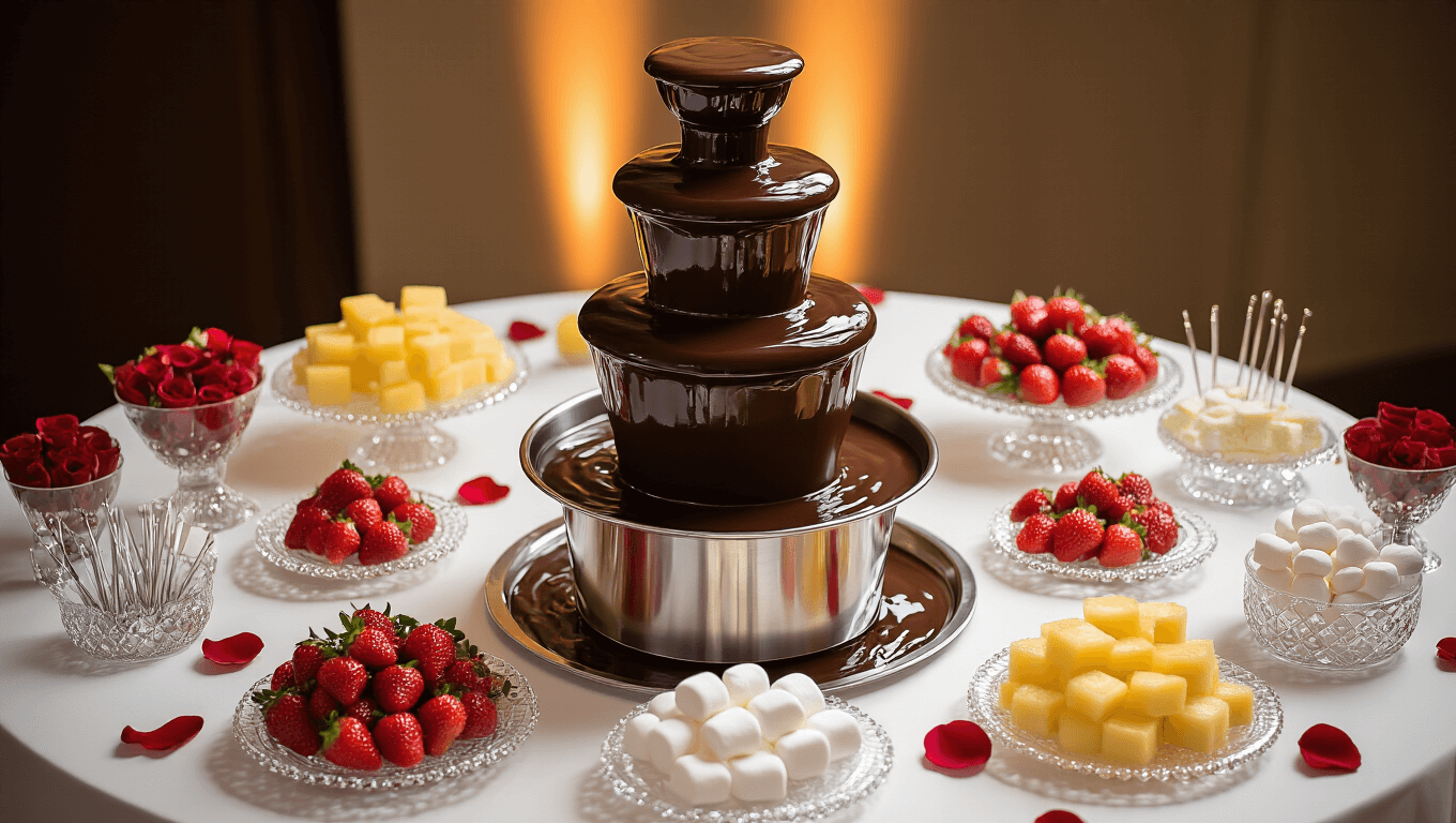 An elegant 3-tier chocolate fountain surrounded by fresh fruits, marshmallows, and cake cubes on a white tablecloth, enhanced by soft lighting, rose petals, and tea lights, captured in an intimate, luxurious setting.