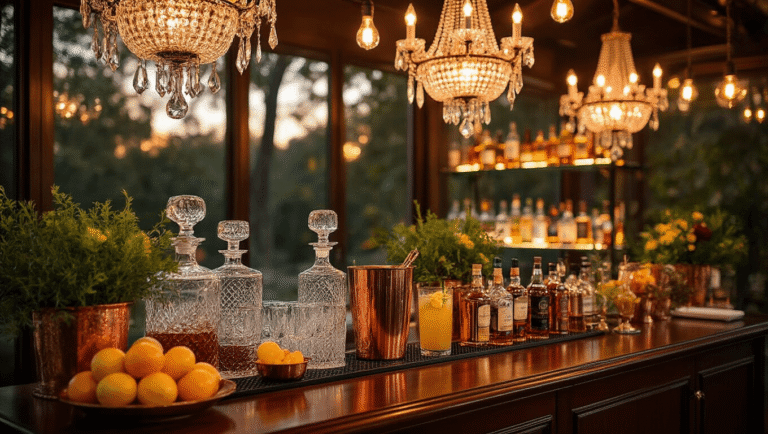 A luxurious wedding cocktail station featuring a polished mahogany bar with crystal decanters, copper mixing tools, fresh citrus fruits, and artisanal bitters, all elegantly arranged under warm ambient lighting and vintage Edison bulbs, with illuminated glass shelving and a marble ice station.