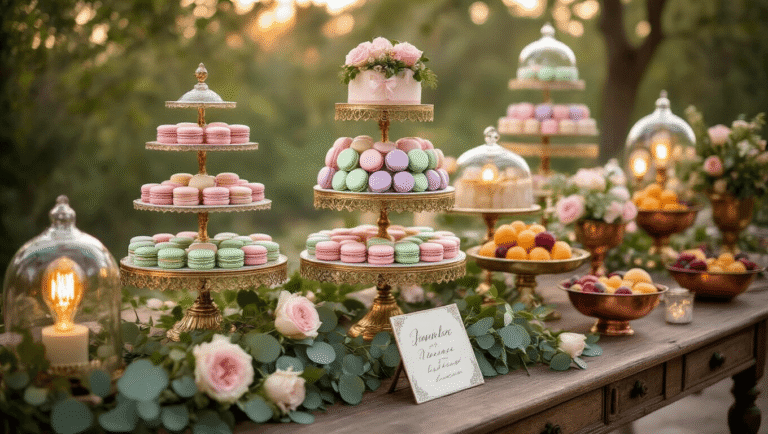 Photorealistic luxury wedding dessert display featuring multi-tiered antique gold and mirror stands with pastel macarons, crystal cake stands, fresh roses, and ambient Edison bulb lighting, captured in soft golden hour glow.