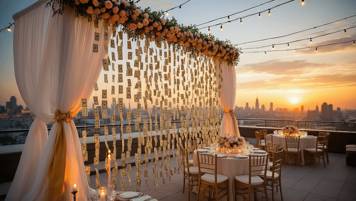 A luxurious rooftop wedding setup at golden hour, featuring a cascading money garland of dollar bills and gold silk ribbons, elegantly decorated tables with blush rose centerpieces, and ambient lighting against a stunning city skyline backdrop.