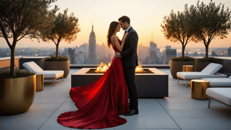 A romantic couple embraces on a Manhattan penthouse rooftop at golden hour, surrounded by modern decor and a stunning cityscape backdrop, capturing an intimate yet sophisticated atmosphere.