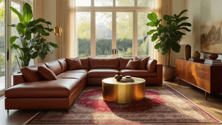 Luxurious modern living room featuring a cognac leather sectional, brass coffee table, Persian rugs, a fiddle leaf fig, and ceramic vessels, all bathed in warm golden hour sunlight.