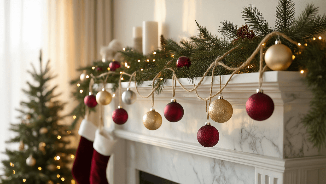 A cozy living room decorated for the holidays, featuring a handcrafted ornament garland on a marble fireplace mantel, twinkling fairy lights, a decorated Christmas tree, and plush velvet stockings, all bathed in warm golden hour light.