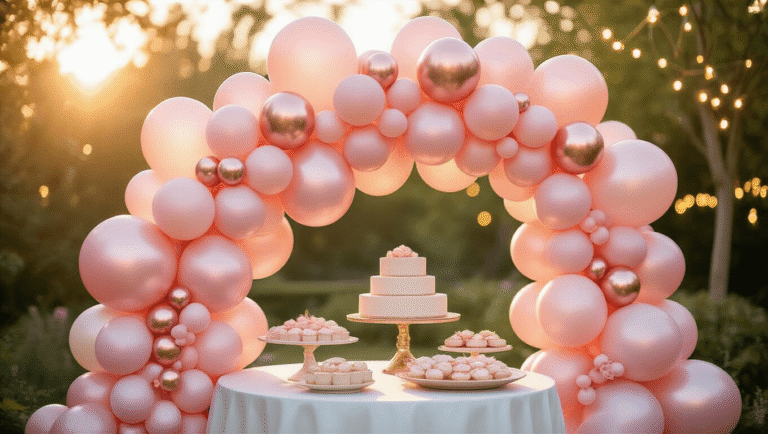 Luxurious pink ombré balloon garland at golden hour in a manicured garden, featuring decorative fairy lights, an elegant dessert table, and fresh pink peonies, all captured with soft natural sunlight.