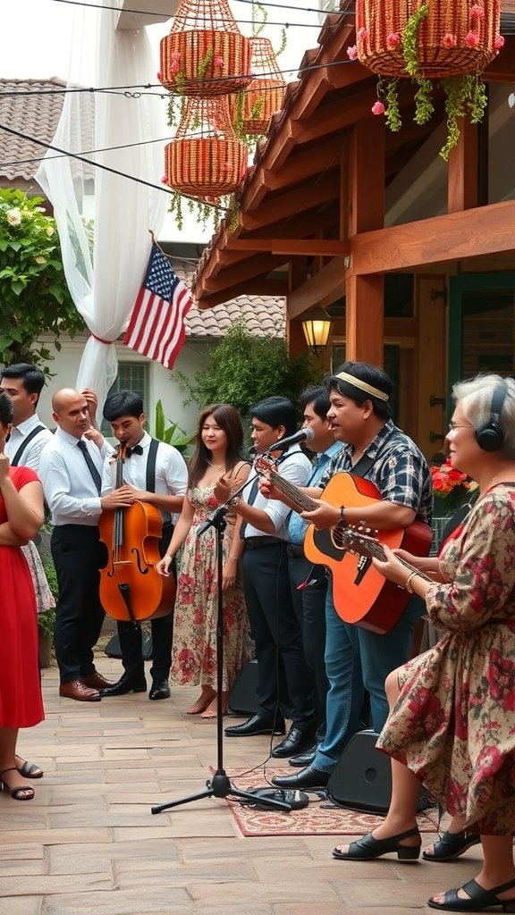 A group of local musicians performing at a wedding, creating a lively atmosphere.