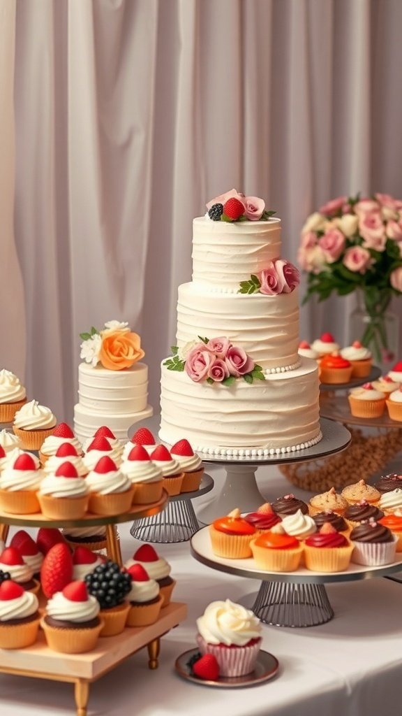 A beautifully arranged dessert table featuring a tiered wedding cake with flowers, surrounded by an assortment of cupcakes and mini desserts.