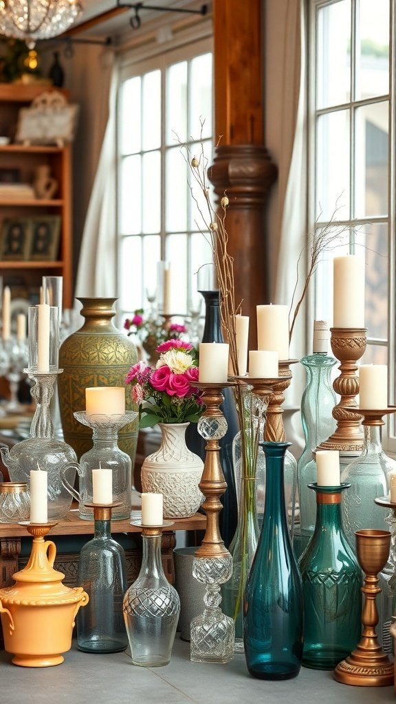 A collection of decorative vases, candle holders, and flowers displayed on a table, showcasing thrift store wedding decor.
