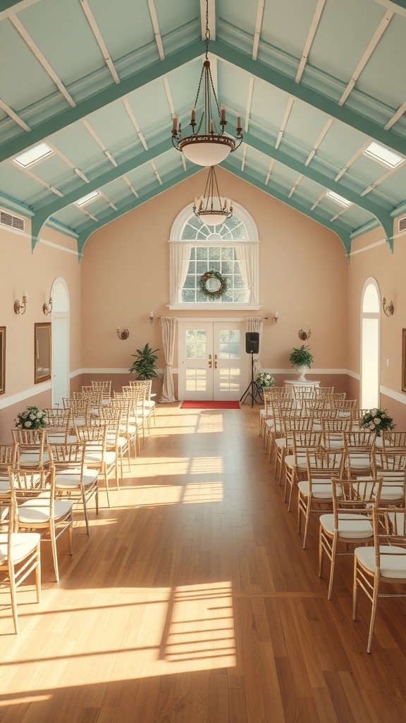 Interior view of a community venue for weddings, featuring elegant chairs and a high ceiling.