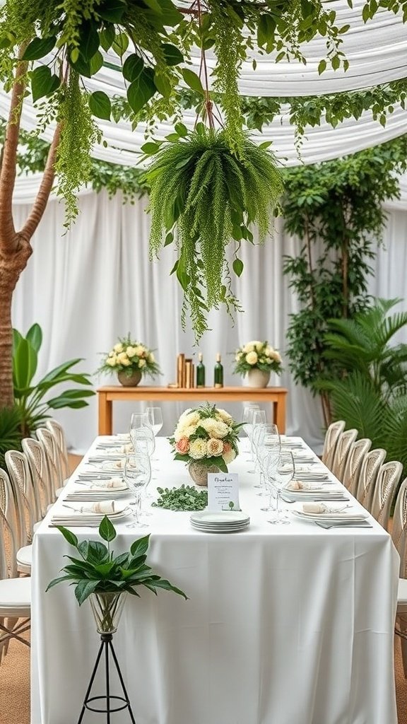 A beautifully arranged wedding table featuring lush greenery and elegant decor.