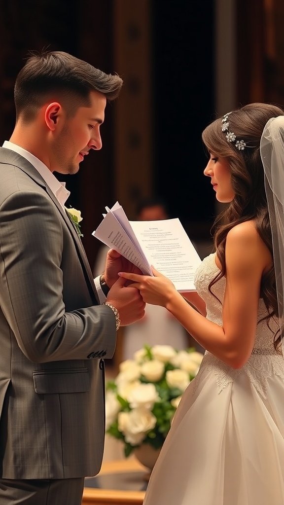 A couple reading their personalized wedding ceremony script during their wedding.
