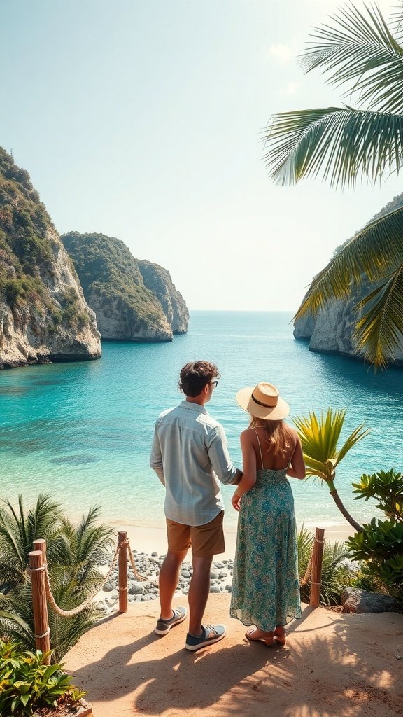 A couple standing on a beach looking at the ocean, surrounded by palm trees and cliffs.