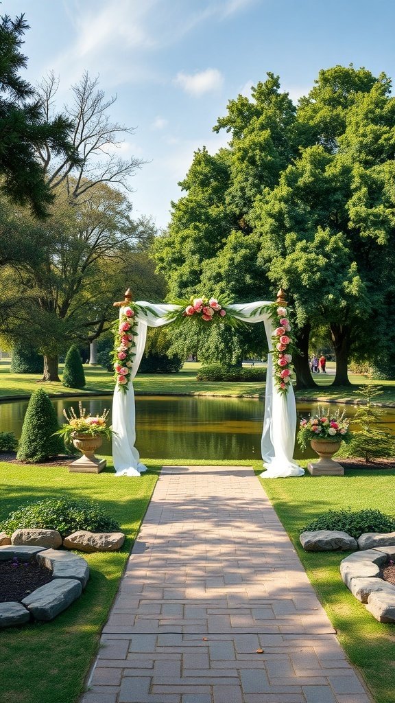 A beautiful wedding setup in a local park with an archway and flowers by a pond.