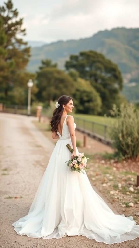 A bride in a flowing white gown standing outdoors, holding a bouquet, with a scenic background of trees and mountains.