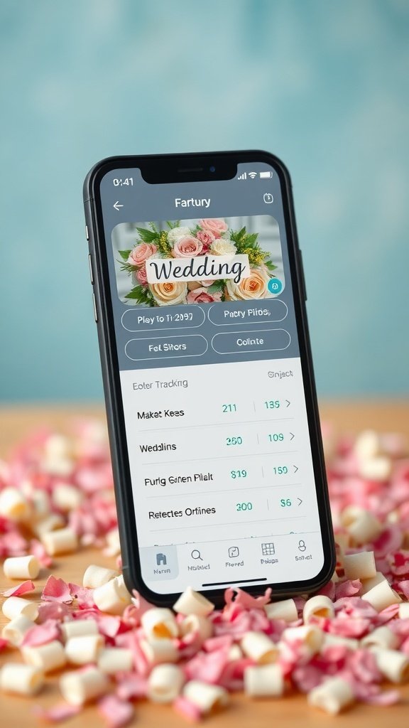 A smartphone displaying a wedding planning app with floral design and expense tracking features.