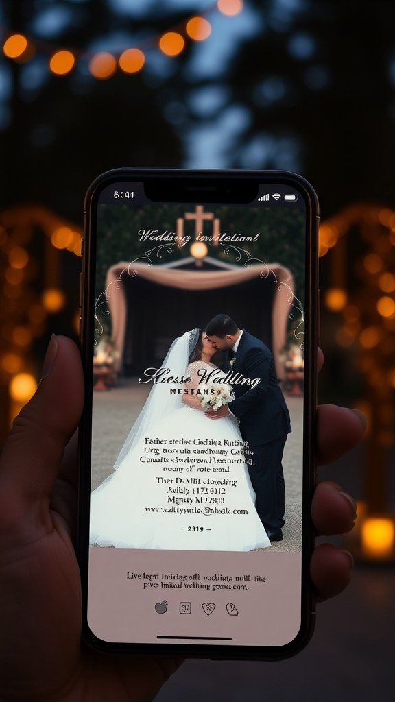 A wedding invitation displayed on a smartphone with a couple in the background.