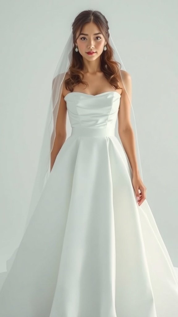 A bride in a simple strapless wedding gown with a veil, showcasing elegant and timeless wedding attire.