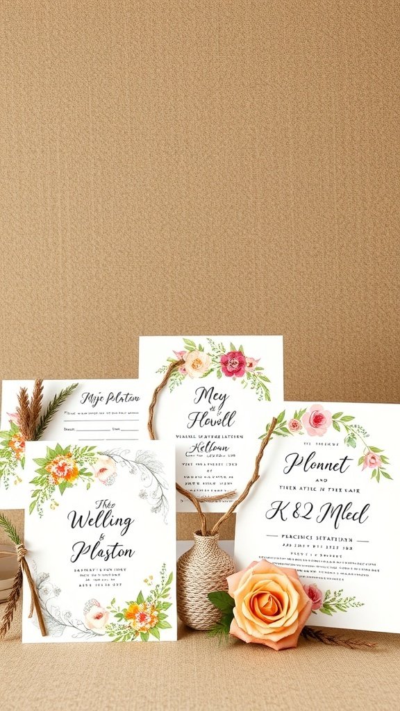 A collection of DIY wedding invitations featuring floral designs on a neutral background.