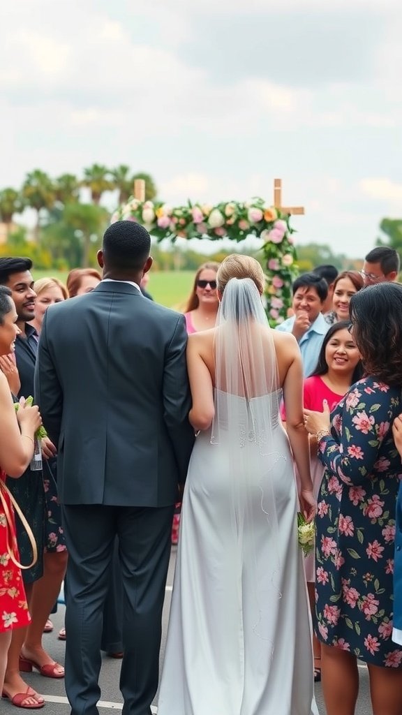 A couple standing in front of a floral arch, surrounded by friends and family at a wedding ceremony.