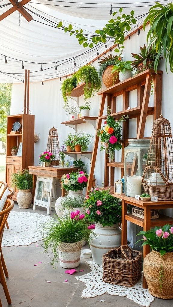 A cozy wedding decor setup featuring wooden shelves with plants and flowers.