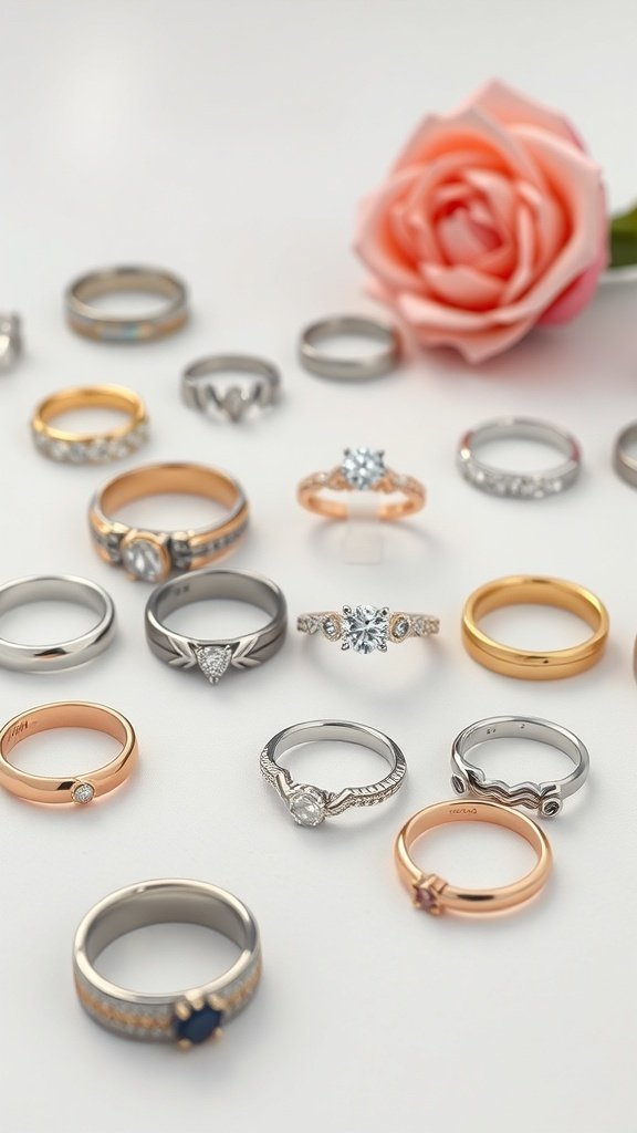 A collection of various wedding rings displayed with a pink rose.