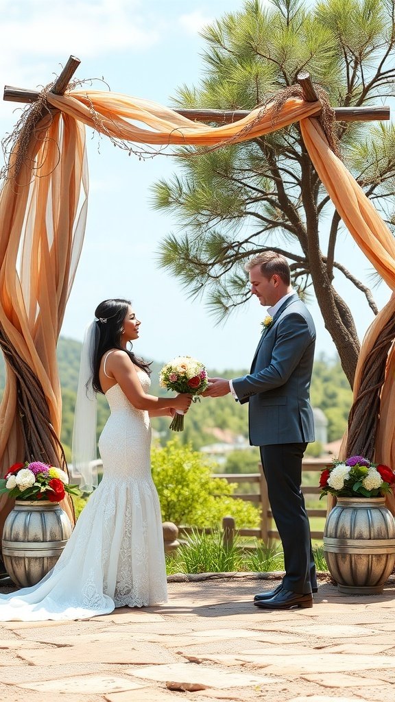 A couple exchanging vows under a draped archway in a natural setting.